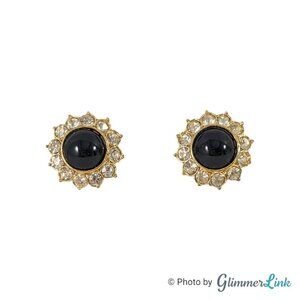 VTG Petite Black Lucite Cabochon Clear Rhinestones Gold Tone Clip On Earrings